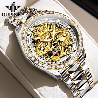 OUPINKE Orologio da uomo Top Brand di lusso in oro e acciaio al tungsteno, orologio da polso meccanico automatico originale con quadrante con motivo drago