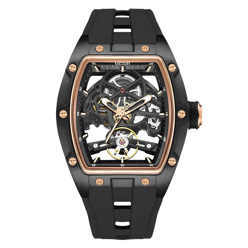 MEGIR 2242 Blue Automatic Watch for Men Sport Waterproof Stainless Steel Mechanical Wristwatch with Silicone Strap Skeleton Dial