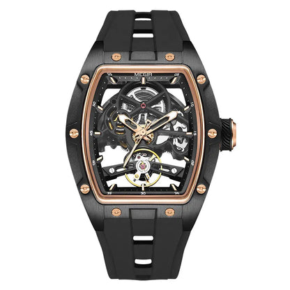 MEGIR 2242 Blue Automatic Watch for Men Sport Waterproof Stainless Steel Mechanical Wristwatch with Silicone Strap Skeleton Dial