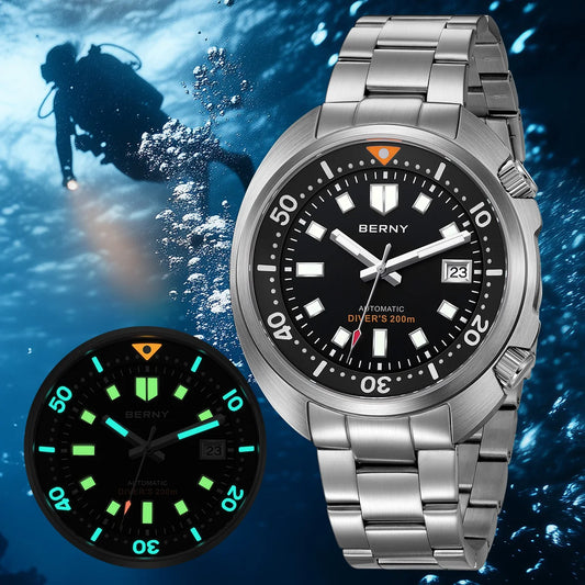 BERNY Automatic Dual Crown Diver Watch For Men Super Luminous Miyota 8215 Sapphire Swim Sport 20ATM Mechanical Men's Dive Watch