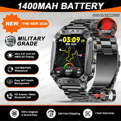 2026 TANK New 1400mAh Military GPS Smart Watch Men 2.01" AMOLED Screen 10ATM Waterproof Clock SOS Call Flashlight Smartwatch iOS