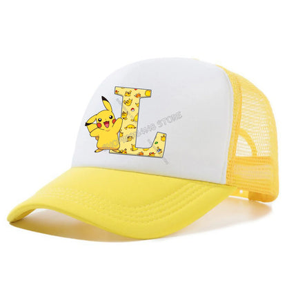 Cappellino con visiera Pokemon Pikachu, cappellini da baseball con lettere A-Z in stile cartone animato, cappellino estivo alla moda in rete traspirante, cappellino coordinato genitore-figlio, cappotto da bambino, regalo per bambini