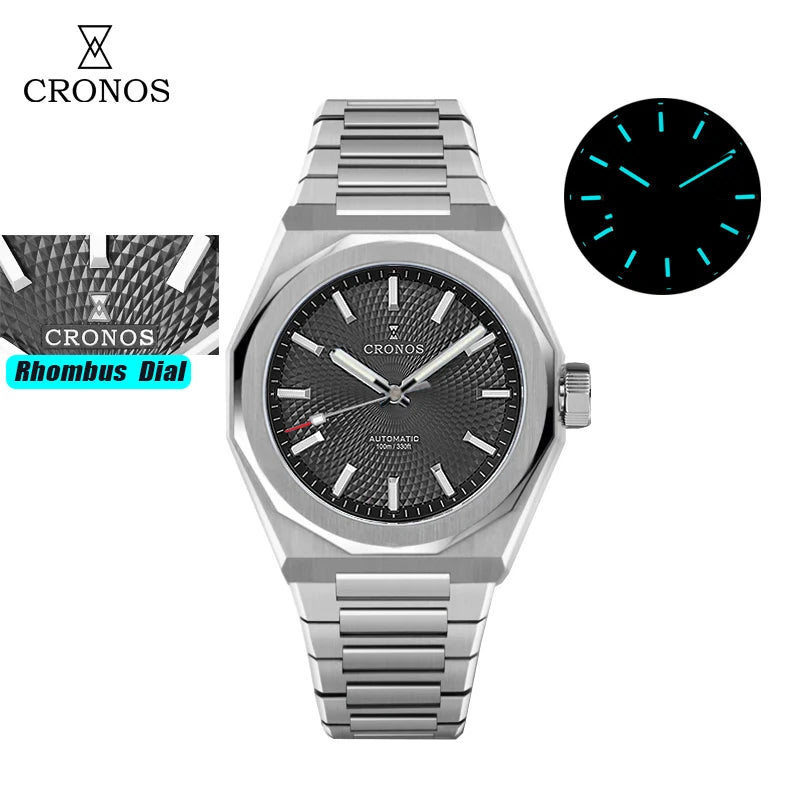 Cronos New Rhombus Perlage 39mm Dial PT5004 Miyota 90S5 See-through Caseback Men Automatic Wristwatches 10ATM Lumious