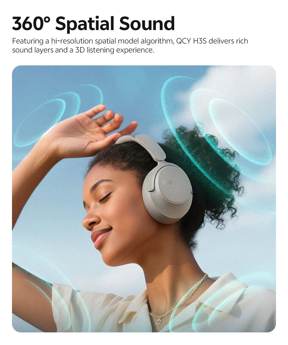 Auscultadores Over-Ear QCY H3S ANC Bluetooth 6.0 – Áudio Espacial Hi-Res LDAC, Cancelamento de Ruído Adaptativo -56dB, Auscultadores Sem Fios