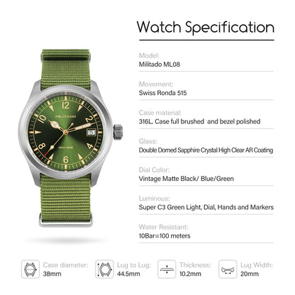 Militado ML08 Quartz Watch Ronda 515/VH31 Movement Domed Sapphire Wristwatch BGW9 Luminous 10Bar Waterproof 38mm Vintage Watches