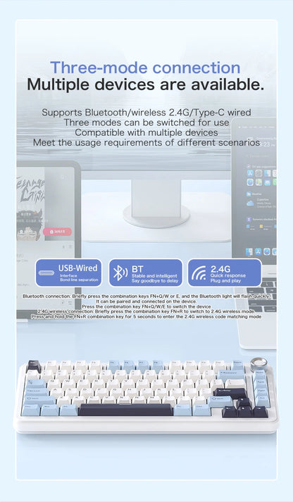 75% Hot Swap Gaming Keyboard Wireless FREEWOL F75 RGB Mechanical Keyboard with Metal Knobs AULA F75 Same Model, Tri-Mode, 4000 mAh