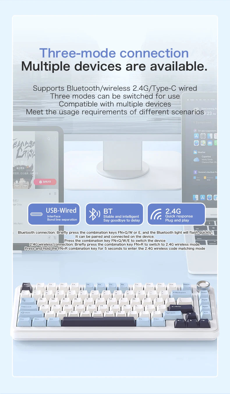 Teclado mecánico F75 FREEWOLF * AULA F75 Bluetooth trimodo, diseñado para gaming y uso de oficina