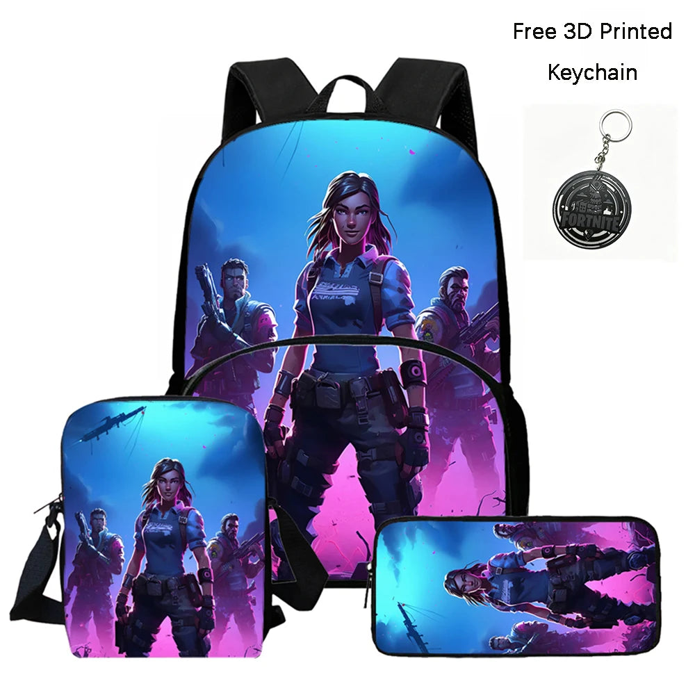 FORTNITE 3-Piece School Backpack Set with Front Pocket Bag, Crossbody Bag, and Pencil Case for Ages 5-10 Boys and Girls, Lightweight, Includes Free 3D Printed Keychain