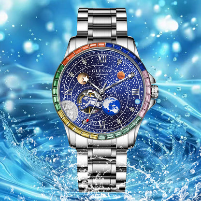 GLENAW New Rotating Earth Mechanical Watch Men Space astronaut dial Night Light Waterproof Stainless Steel Strap Automatic Watch