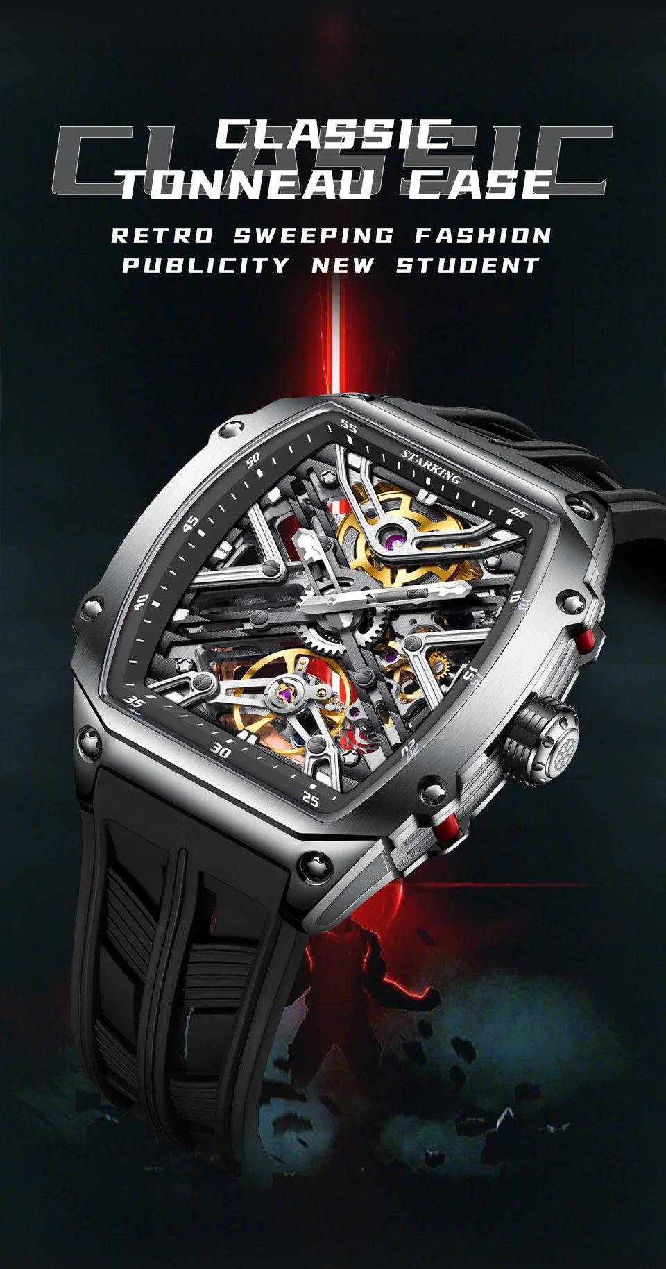 STARKING Men's Waterproof Sports Mechanical Watch, Wear-resistant Silicone Strap, Automatic, Luminous Tonneau Luxury Design