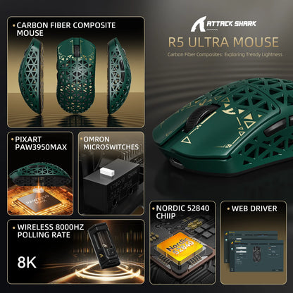 Rato Gaming Sem Fios ATTACK SHARK R5 Ultra Carbon Fiber, Sensor Gaming PixArt PAW3950MAX, 42000DPI, 8000Hz, MCU Nordic 52840