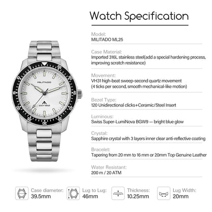 MILITADO ML25 Quartz Dive Watch VH31 Sweep Second Sapphire Crystal 200M Waterproof BGW9 Lume Ceramic Bezel Men Watch