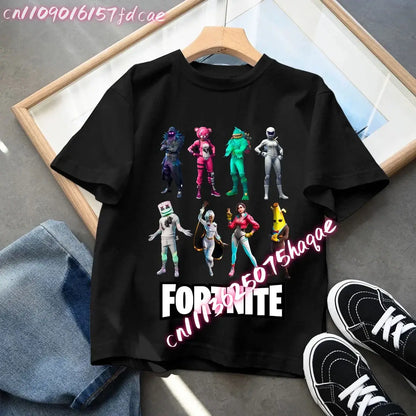 Fortnites Kids Black Cotton T-Shirt Fortress Night Baby Short Sleeve Tees Shirt Cartoon Boy Girl Summer Clothes Kawaii Tops Gift
