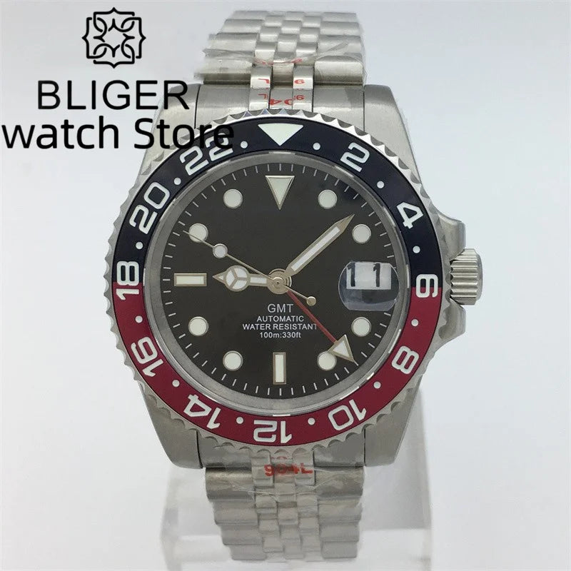 BLIGER 40mm NH34 GMT Watch For Men Mechanical Wristwatch Luminous Bezel Sapphire Glass Stainless Steel Bracelet Men's Watch