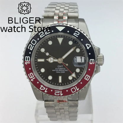 BLIGER 40mm NH34 GMT Watch For Men Mechanical Wristwatch Luminous Bezel Sapphire Glass Stainless Steel Bracelet Men's Watch