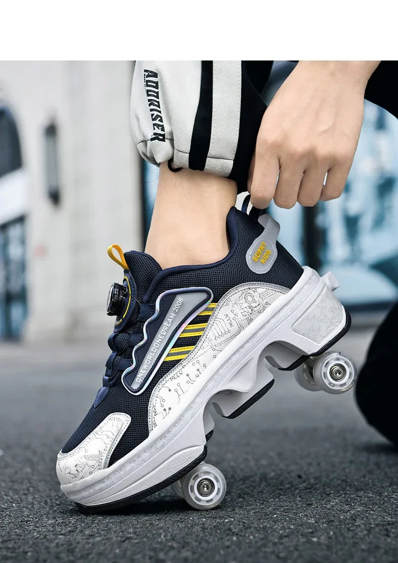 High Top 4 Wheel Roller Skate Shoes Automatic Retractable Dual-purpose Skating Sneakers for Boys Girls Kids & Youth