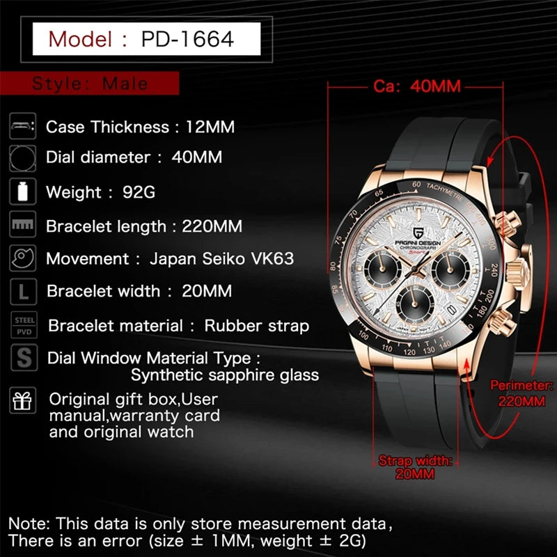 PAGANI DESIGN V2 40MM Meteorite Dial Men Quartz Watches Sapphire Retro Chronograph Waterproof Watch For Men