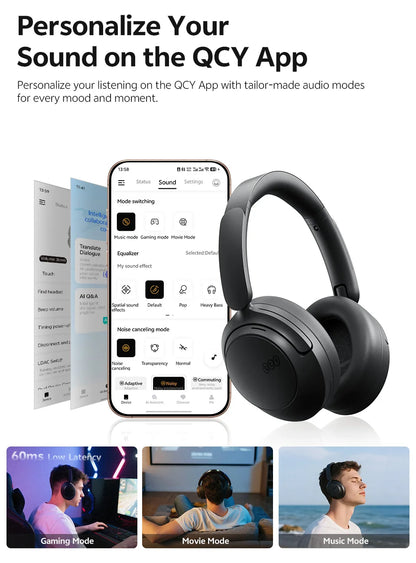 Auscultadores Over-Ear QCY H3S ANC Bluetooth 6.0 – Áudio Espacial Hi-Res LDAC, Cancelamento de Ruído Adaptativo -56dB, Auscultadores Sem Fios