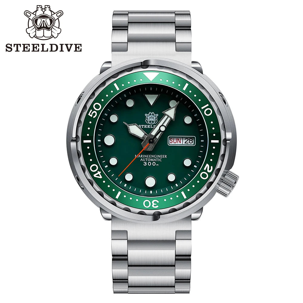STEELDIVE SD1975W Black Dial Day and Date Function NH36 Automatic Movement 47.5mm Super Luminous 300M Waterproof Tuna Can Watch