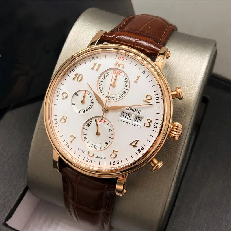 Reloj de lujo suizo LOBINNI para hombre, mecánico automático con calendario perpetuo, cristal de zafiro y multifunción L13019-8