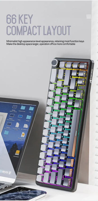 Attack Shark X66 Tastiera meccanica wireless 65% layout compatto, retroilluminazione RGB, gasket mount, hot swap, Bluetooth, USB-C, PBT, batteria ad alta capacità