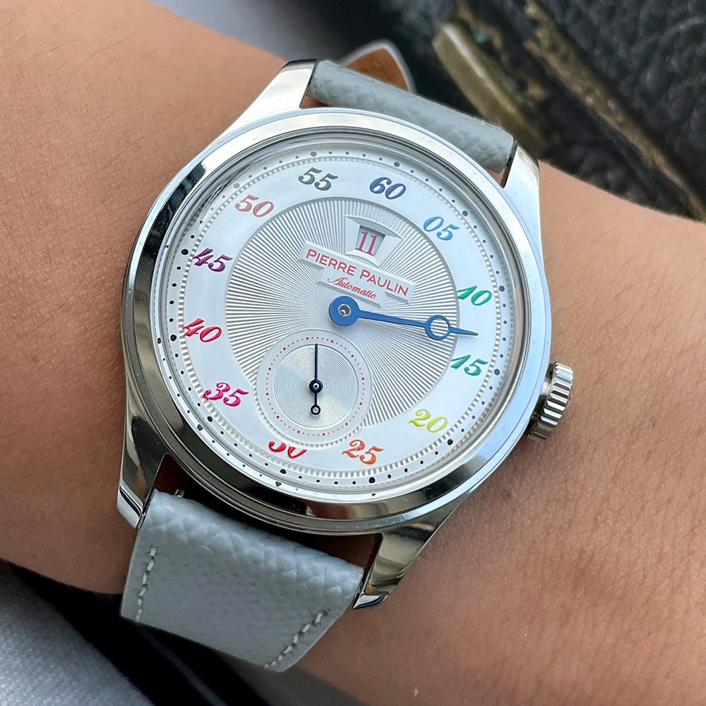 NEW Pierre Paulin Jumping Hour Men's Watch Automatic ST17 Mechanical Watch Steel Purple Vintage Date Window 38mm Metal