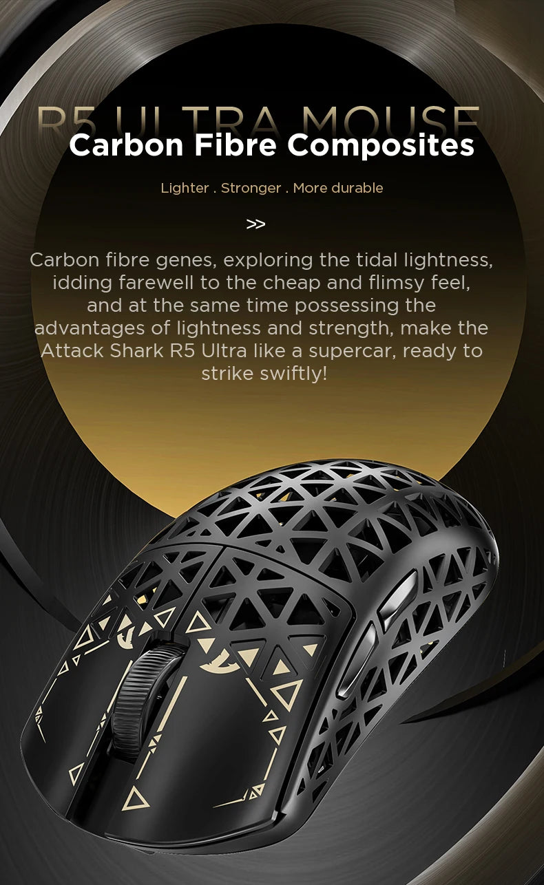 Rato Gaming Sem Fios ATTACK SHARK R5 Ultra em Fibra de Carbono, Sensor Gaming PixArt PAW3950MAX, 42000DPI, 8000Hz, MCU Nordic 52840