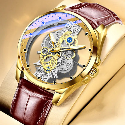 Trendy herenhorloge, model met dubbele opening, luxe gouden uitvoering, imitatie van een mechanisch tourbillon, quartz uurwerk.