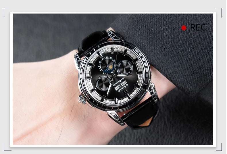 OBLVLO Men Automatic Watch 40mm Mechanical Wristwatch 5ATM Luminous Crystal Bezel Year,Month,Week,Date,24 Hours TY1655 Mov.