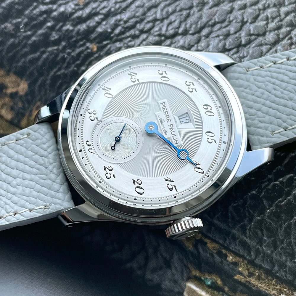 34mm NEW Pierre Paulin Jumping Hour Men Watch White Dial Automatic St17 Mechanical Watch Vintage Date Window relógios masculino