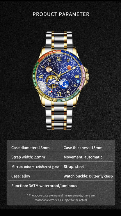 GLENAW New Rotating Earth Mechanical Watch Men Space astronaut dial Night Light Waterproof Stainless Steel Strap Automatic Watch