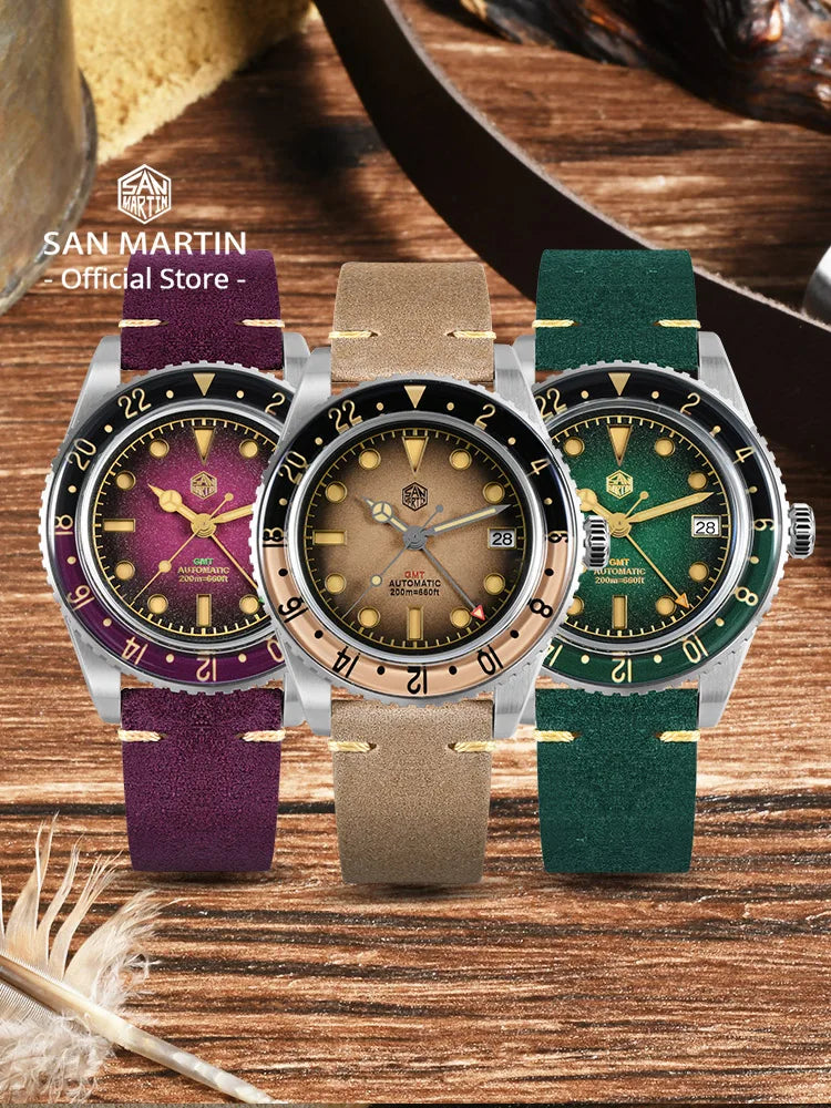 San Martin 2025 Men's Watches, Retro NH34 GMT Sandwich Dial, 40mm Bidirectional Sapphire Bezel, Luxury Sports Watch, 20Bar
