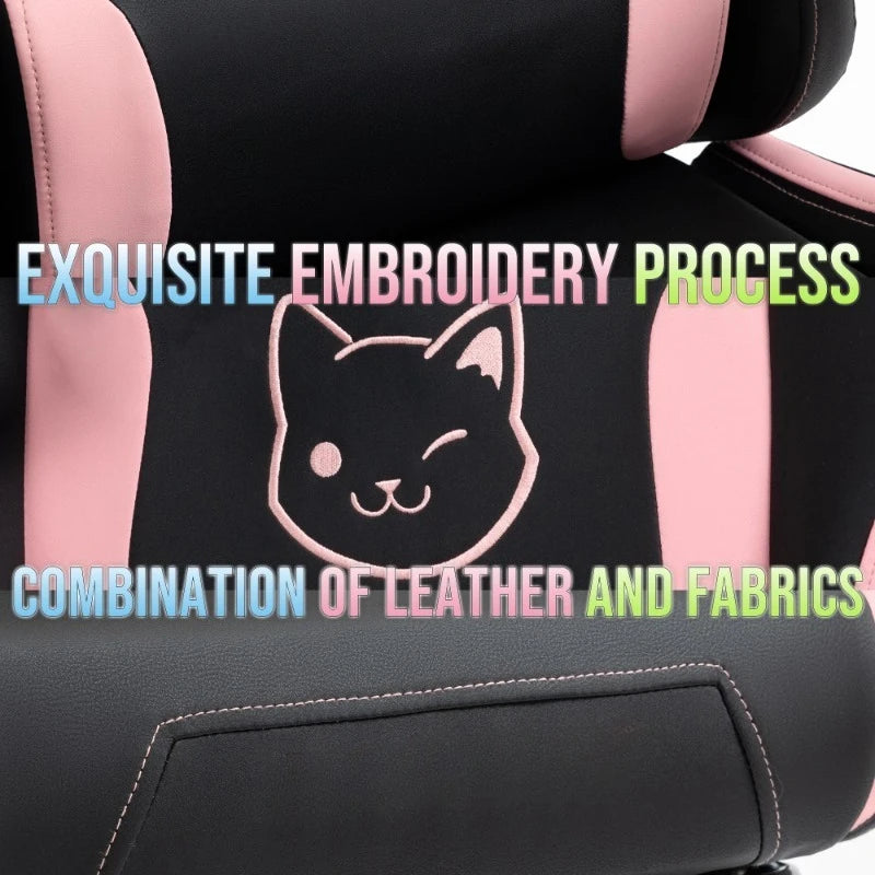 Sedia da gaming carina con orecchie da gatto, poggiapiedi, rosa kawaii, sedia per computer ergonomica con schienale alto, seduta gamer e supporto lombare a zampa di gatto
