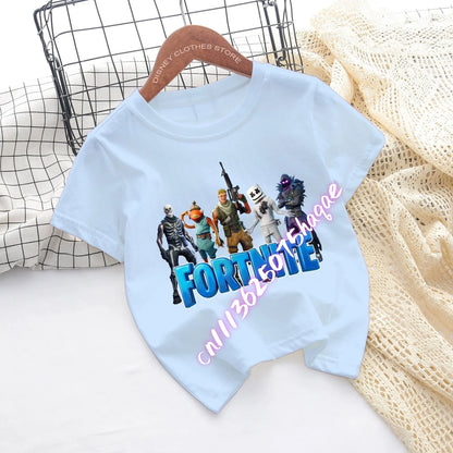 T-shirts de Criança Fortnite com Estampado de Figuras Cartoon do Jogo Fortress Night, Tops de Manga Curta para Verão, Roupa para Rapazes e Raparigas