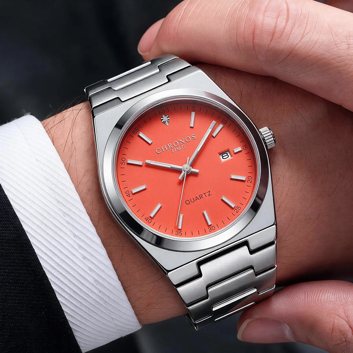 CHRONOS men’s quartz watch – Stainless steel bracelet, water-resistant, luminescent hands, date display – Ideal for work, sport or everyday wear