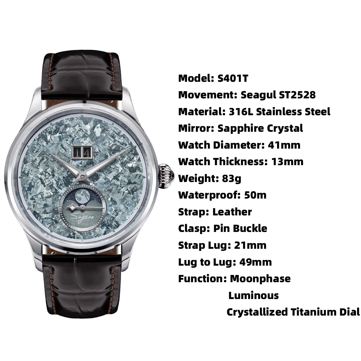Automatic Man Watch Moon-Phase ST2528 Movement Waterproof Mechanical Wristwatches Sapphire Crystal Titanium Dials Clock S401 New