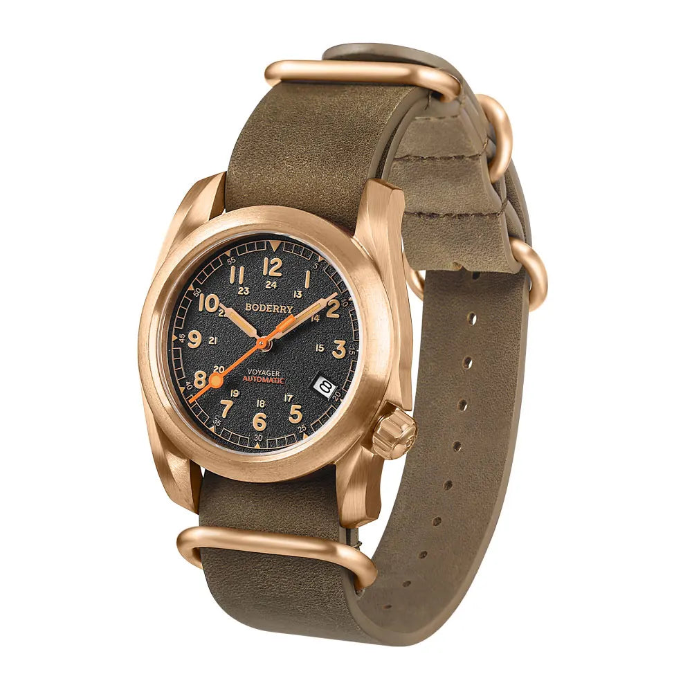 Relógio masculino Boderry Field Watches VOYAGER, caixa em bronze, mecânico automático, 100M impermeável, estilo militar, marca de topo
