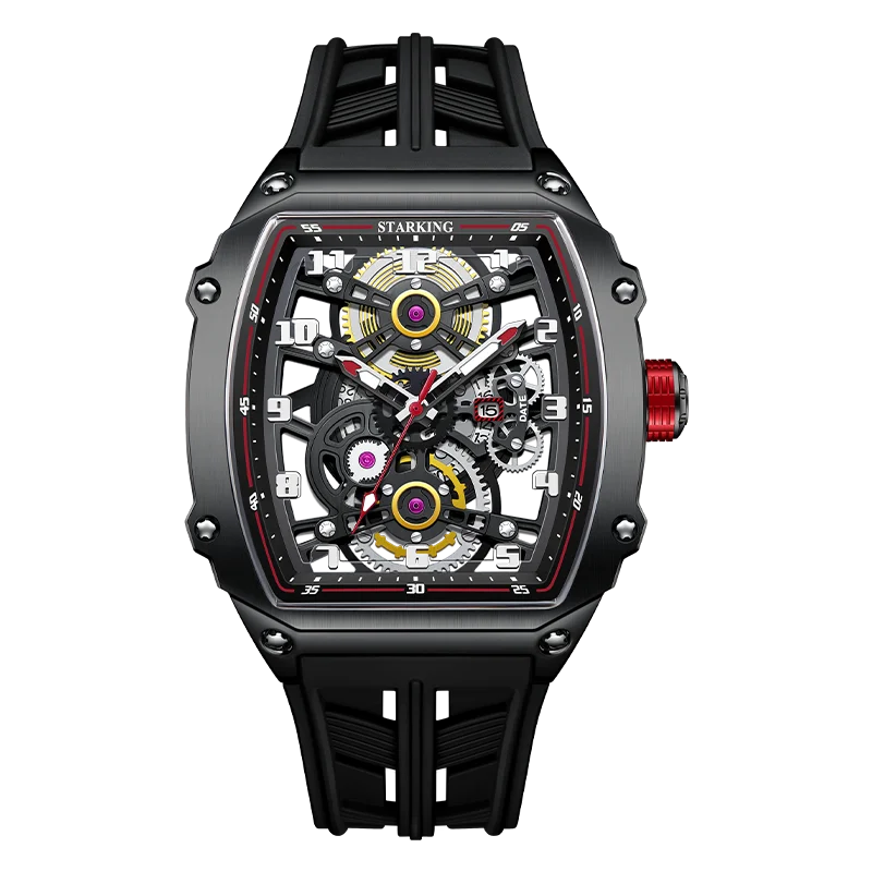 STARKING Luxury Men’s Automatic Mechanical Watch Skeleton Dial Silicone Band Tonneau Design Waterproof Luminous Sport Wristwatch