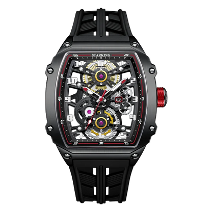 STARKING Luxury Men’s Automatic Mechanical Watch Skeleton Dial Silicone Band Tonneau Design Waterproof Luminous Sport Wristwatch