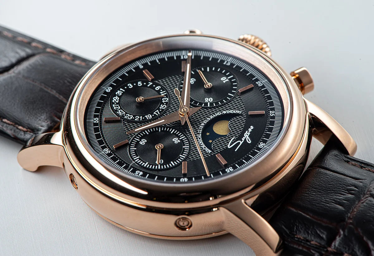 Sugess Men Watch ST1908 Swanneck Movement Mechanical Chronograph Wristwatch Genuine Moonphase Calendar Vintage Leather NEW 2023