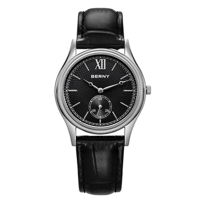BERNY Watches for Men Luxury Slim Classic Stylish Dress Quartz Watch Stainless Steel Case Elegance Leather Band Wristwatch