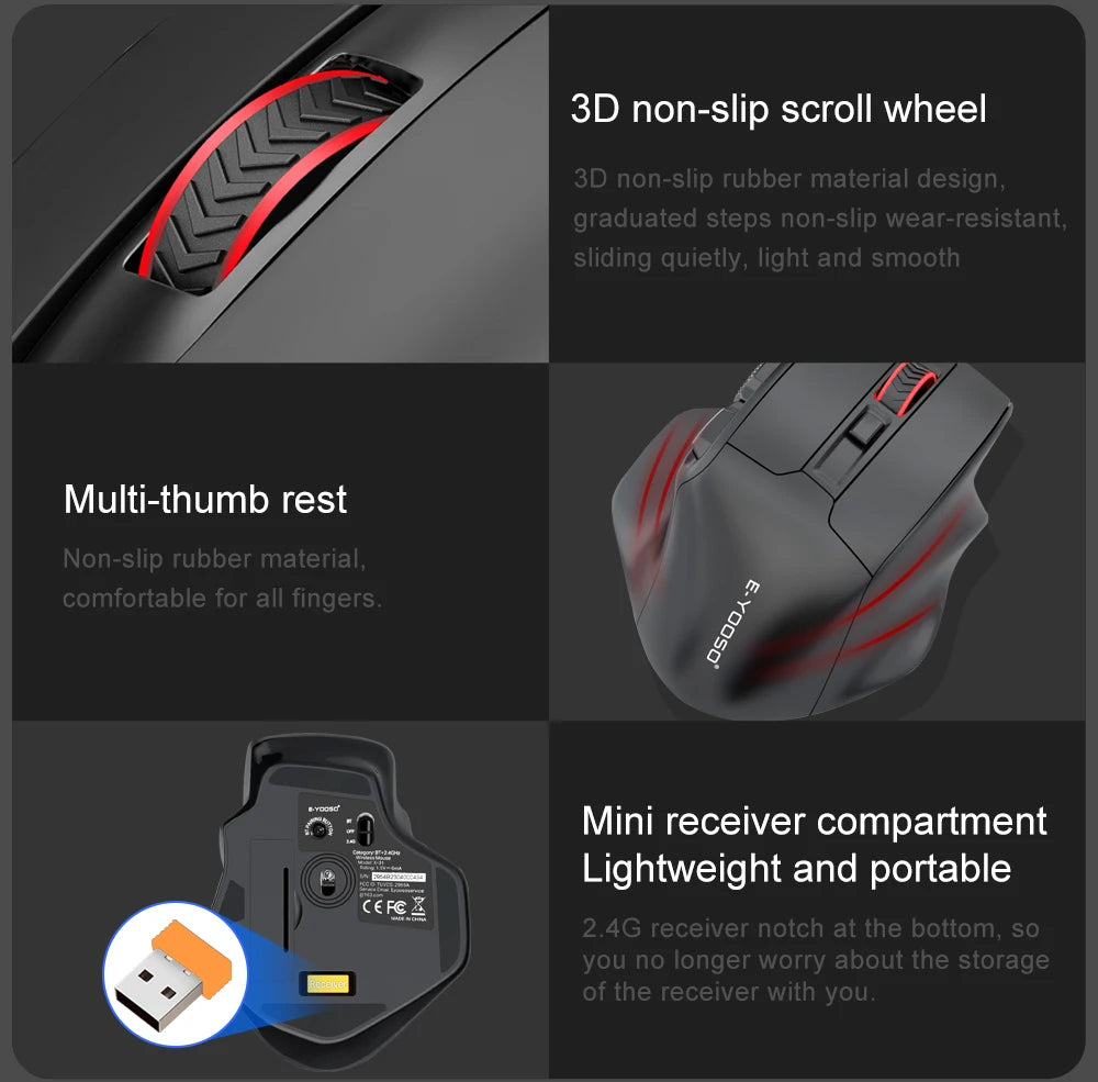 Rato Gaming E-YOOSO X-31 Pro USB Grande com Suporte Bluetooth 2.4G Sem Fios PAW3212 4800 DPI para Gamer, Computador Portátil e PC