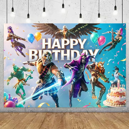 Fundo decorativo de aniversário com tema Fortnite — banner gamer Fortnite para meninos e meninas, pano de fundo para fotografia e presente para crianças
