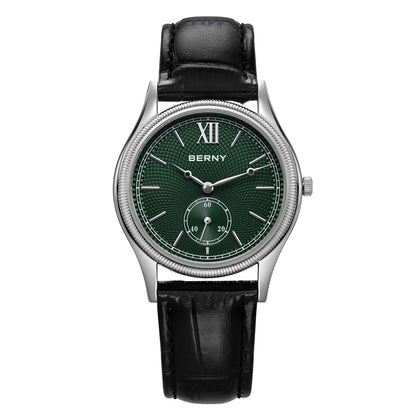 BERNY Watches for Men Luxury Slim Classic Stylish Dress Quartz Watch Stainless Steel Case Elegance Leather Band Wristwatch