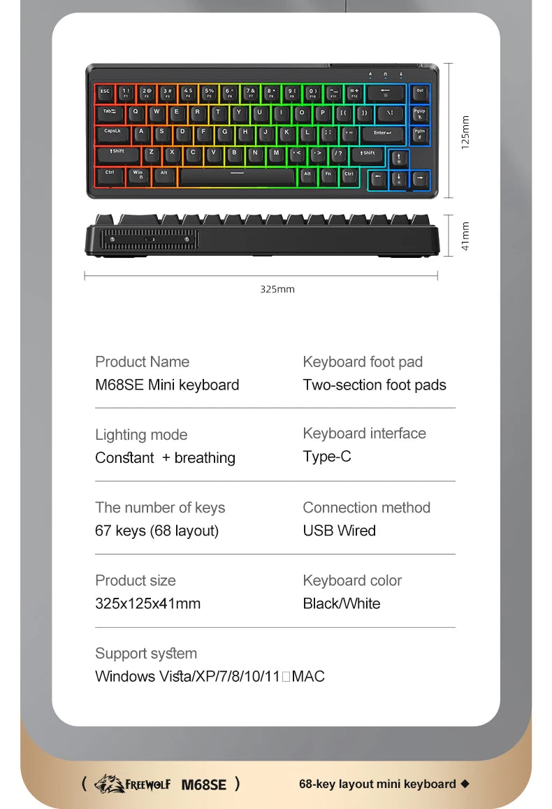 FREEWOLF M68SE Tastiera con sensazione meccanica, 68 tasti, mini tastiera compatta cablata e silenziosa per laptop, gaming e uso ufficio