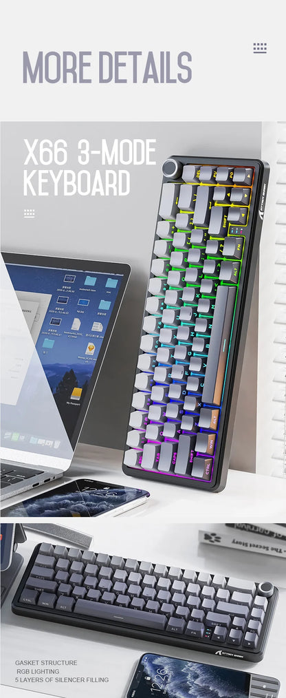 Attack Shark X66 Tastiera meccanica wireless 65% layout compatto, retroilluminazione RGB, gasket mount, hot swap, Bluetooth, USB-C, PBT, batteria ad alta capacità