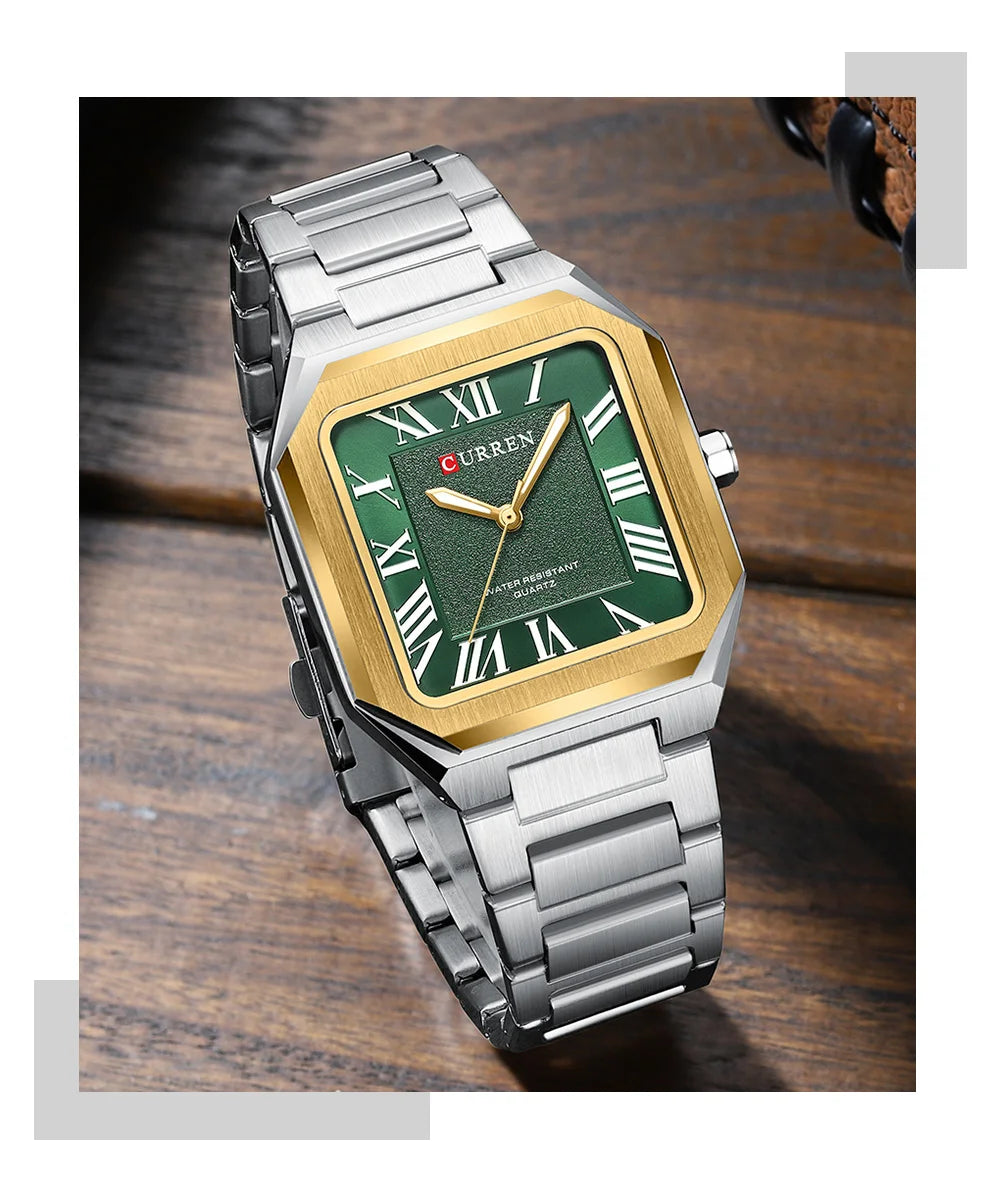 CURREN Vintage Square Design Dial with Roman Numeral Classic Business Dress Quartz Watch for Men with Luminous Hands 8482