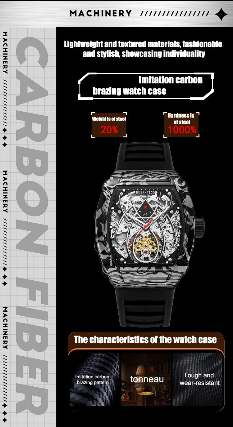MUSANFIGO automatic hollow mechanical watch, barrel shaped fashionable men's trendy watch, luminous waterproof watch