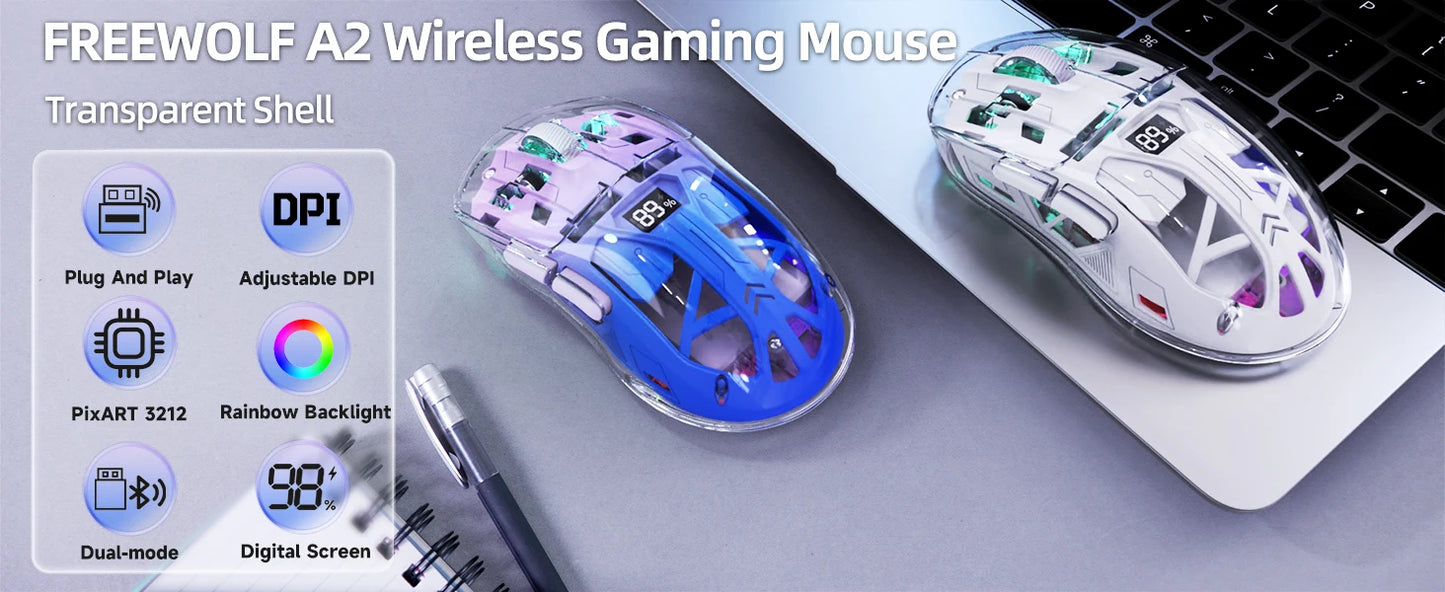 Rato Gaming Sem Fios Transparente A2, BT 5.0/2.4G para PC, Recarregável, RGB, com Ecrã Digital, PixArt 3212, 5 Níveis de DPI Ajustáveis