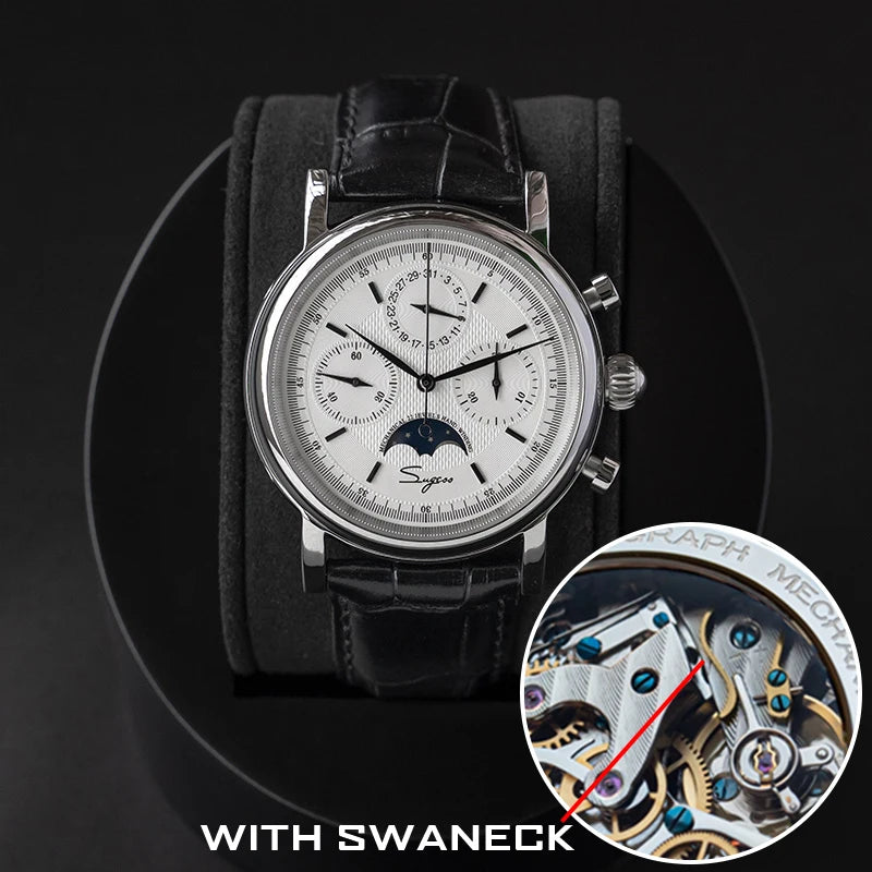 Sugess Men Watch ST1908 Swanneck Movement Mechanical Chronograph Wristwatch Genuine Moonphase Calendar Vintage Leather NEW 2023
